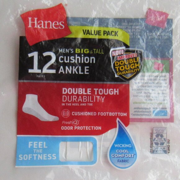 Hanes Men's Black Cushion Ankle Socks Shoe Size 12-14 - Pack of 6 Double Tough - Picture 2 of 3